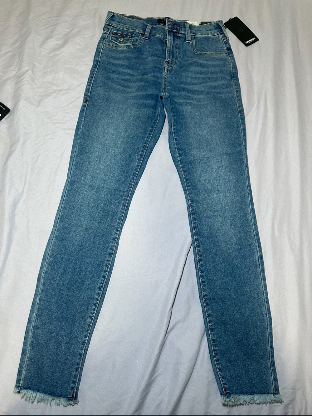 NWT True Religion Halle High Rise Super Skinny Jeans Medium Wash Red Stitch
